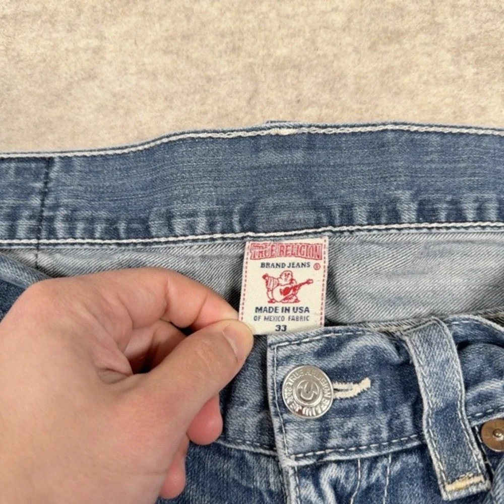True Religion Straight Leg Jeans Flaps Blue‎ Distressed Mens 33x31 Denim *Read*